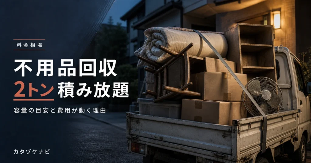 不用品回収の2トントラック積み放題プランの容量目安と費用が変わる理由を解説する記事のアイキャッチ。整理された段ボールと台車、軍手が置かれたすっきりした和室