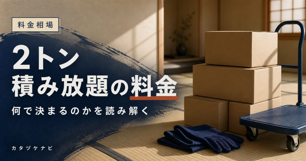 不用品回収の2トントラック積み放題プランの料金の決まり方と軽トラ・1.5トンとの選び分けを解説する記事のアイキャッチ。生成り色の和室に整理された段ボールと台車、軍手が置かれた落ち着いた片付けの情景