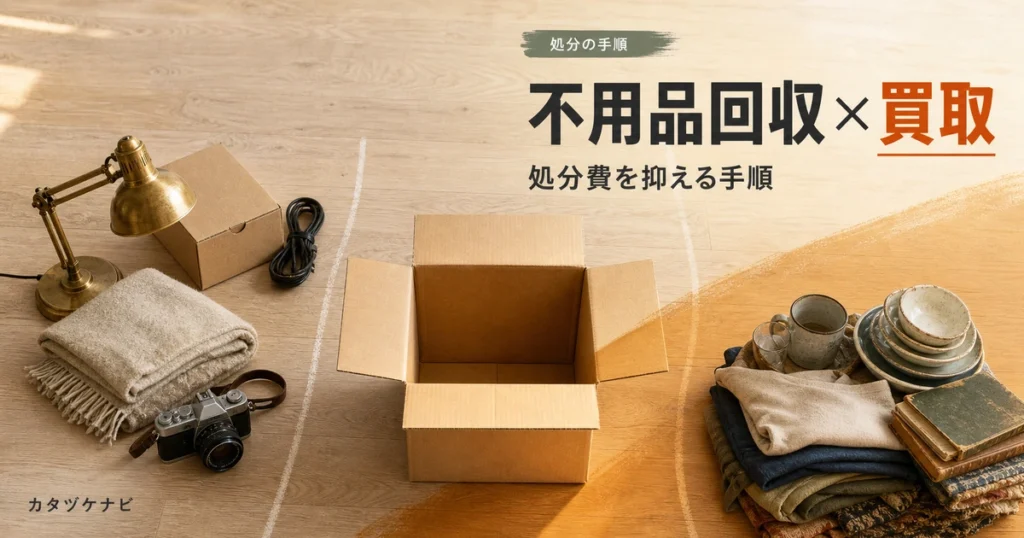 不用品回収と買取を組み合わせて処分費を抑える手順を解説する記事のアイキャッチ。整理された段ボールと台車のある片付けの情景
