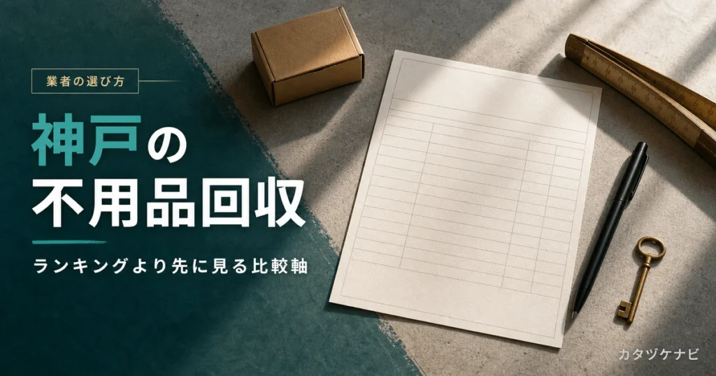 神戸の不用品回収業者を比べるときの比較軸と料金の考え方を解説する記事のアイキャッチ。整理された段ボール箱と軍手、折りたたんだ台車が置かれたすっきりした和室