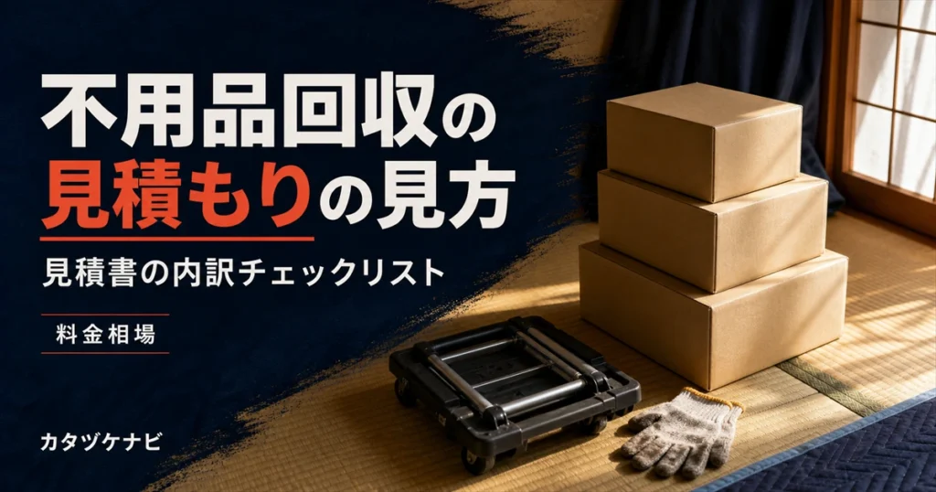 不用品回収の見積もりの見方と見積書の内訳チェックリストを解説する記事のアイキャッチ。整理して積み上げた段ボール箱と折りたたんだ台車、軍手が置かれたすっきりした和室
