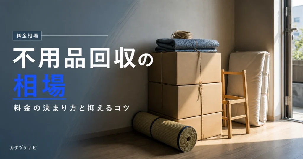 不用品回収の相場と料金が決まる仕組みを整理した記事のアイキャッチ。段ボールと台車のある片付けの情景