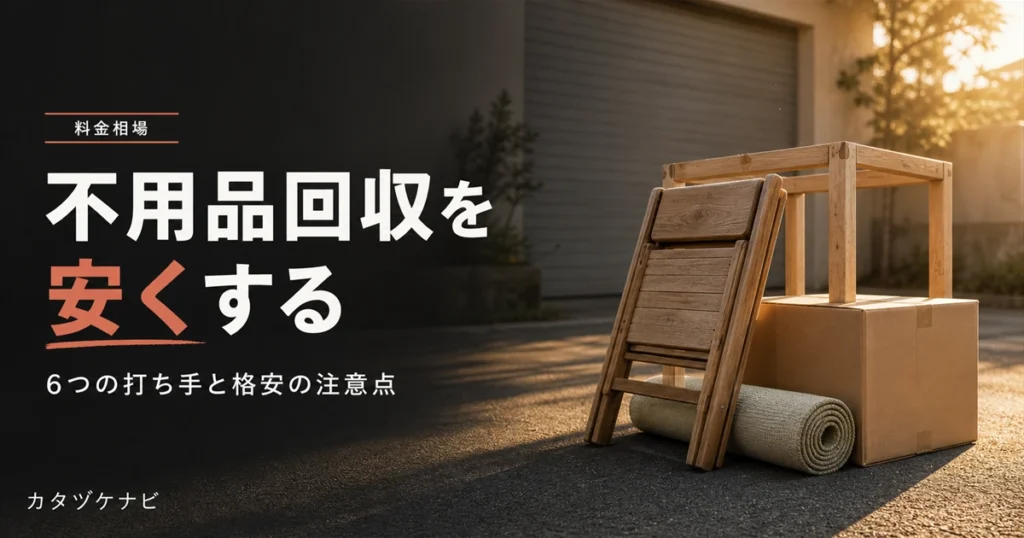 不用品回収を安くする方法と格安業者の注意点を解説する記事のアイキャッチ。整理された段ボールと台車のある片付けの情景