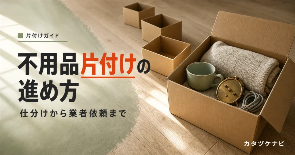 不用品の片付けの進め方を仕分けから業者依頼・遺品整理まで解説する記事のアイキャッチ。整理された段ボールと軍手、台車のある和室の片付けの情景