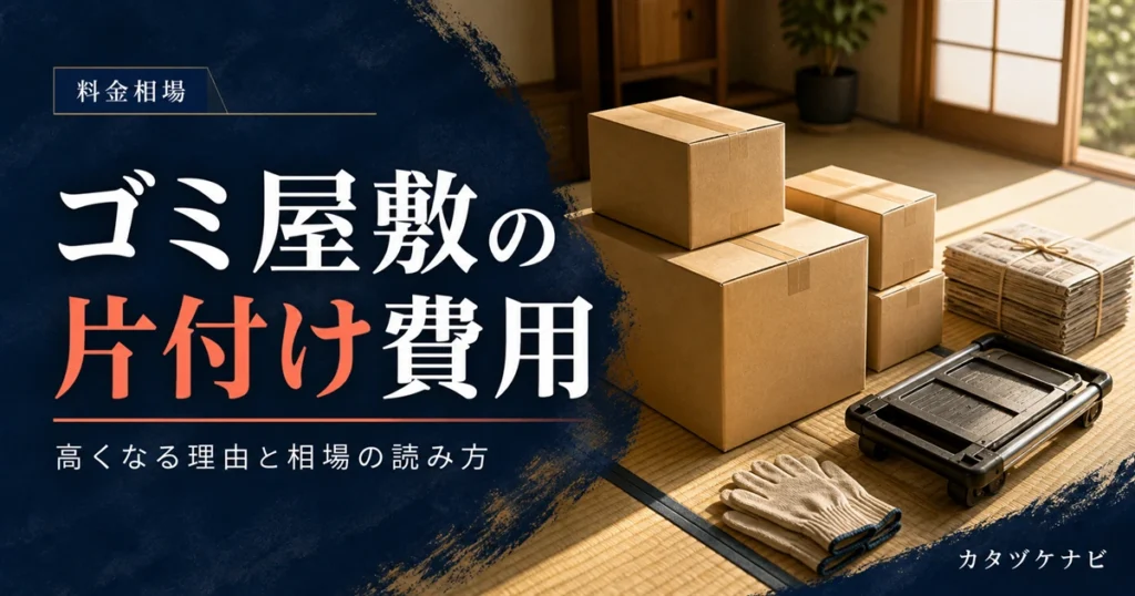 ゴミ屋敷の片付け費用が高くなる理由と相場の読み方を解説する記事のアイキャッチ。片付け途中のすっきりした和室に整然と積まれた段ボール箱と軍手、折りたたんだ台車