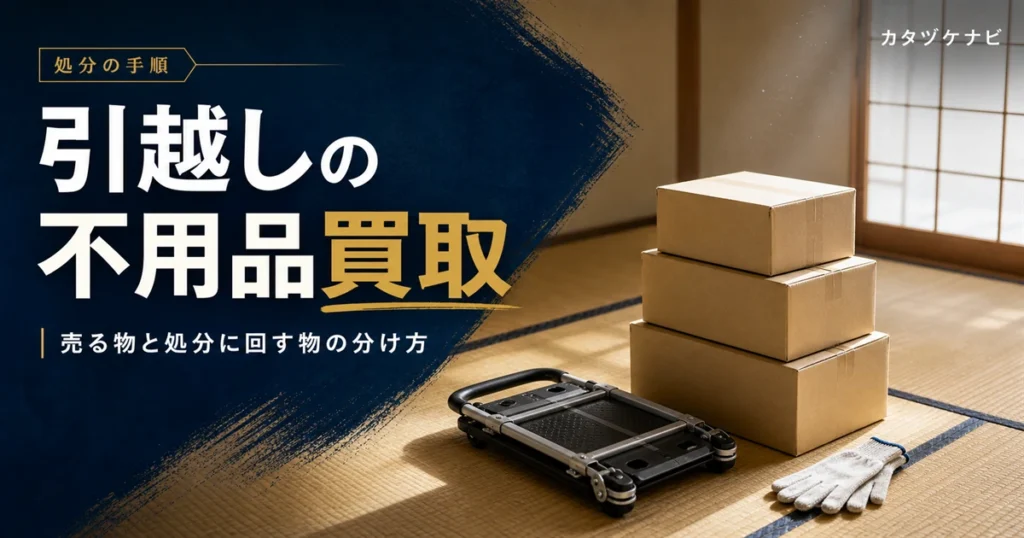 引越しで出た不用品の買取と処分の進め方を解説する記事のアイキャッチ。片付け途中の和室に整然と積まれた段ボール箱と、折りたたんだ台車、軍手