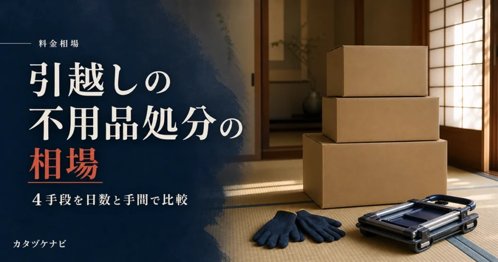 引越しで出る不用品の処分費用と4つの手段を比較する記事のアイキャッチ。整理された段ボール箱と軍手、折りたたんだ台車が置かれたすっきりした和室