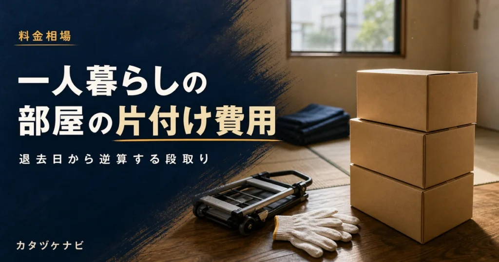 一人暮らしの部屋の片付け費用と段取りを解説する記事のアイキャッチ。片付け途中のワンルームに積まれた段ボール箱と折りたたんだ台車、軍手
