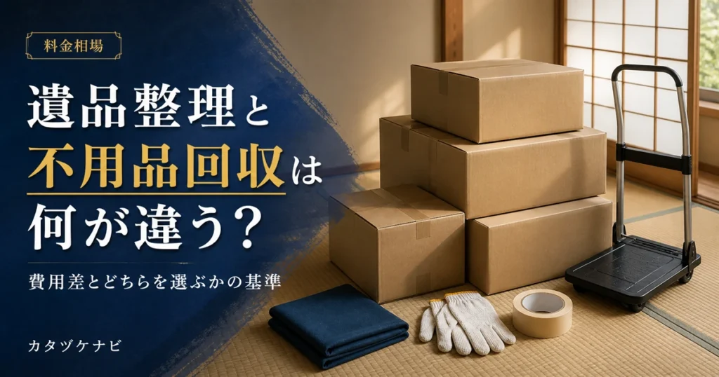 遺品整理と不用品回収の違いと費用差の考え方を解説する記事のアイキャッチ。すっきりした和室に積まれた段ボール箱と軍手、折りたたんだ台車