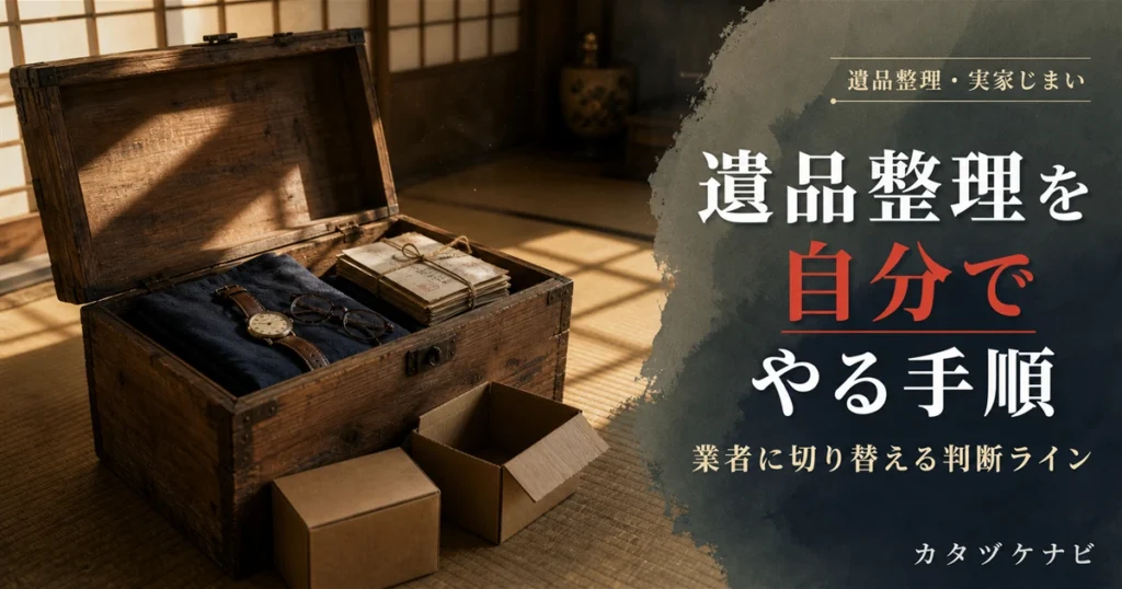 遺品整理を自分でやる手順と業者に切り替える判断ラインを解説する記事のアイキャッチ。片付け途中の和室に整然と積まれた段ボール箱と軍手、壁際に折りたたんだ台車