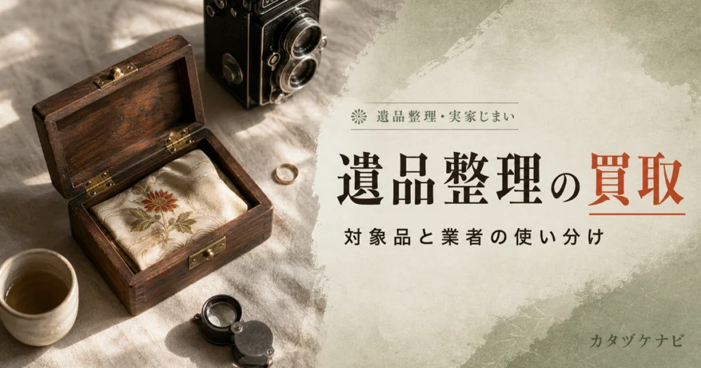 遺品整理で買取してもらえる品と回収業者・買取専門店の使い分けを解説する記事のアイキャッチ。整理された和室に段ボールと軍手、台車のある片付けの情景