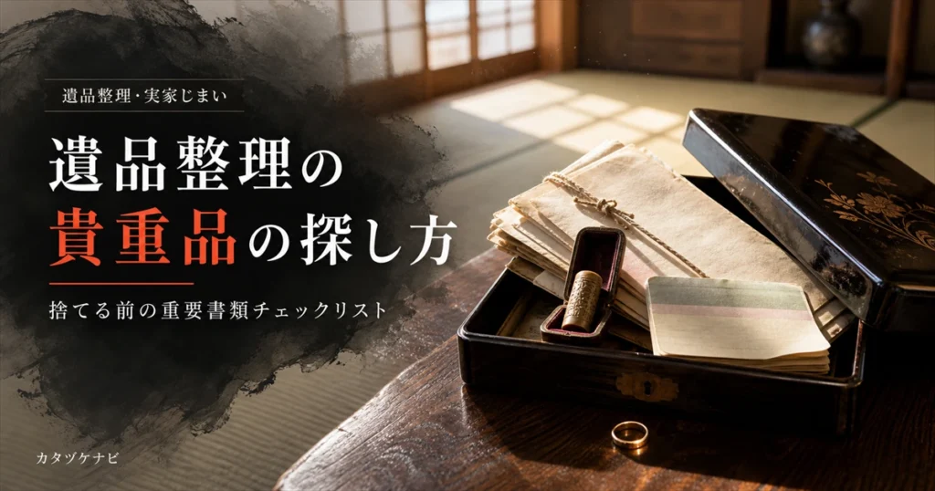 遺品整理で見落としやすい貴重品と重要書類のチェックリストを解説する記事のアイキャッチ。片付け途中のすっきりした和室に積まれた段ボール箱と軍手、書類の入った封筒の束