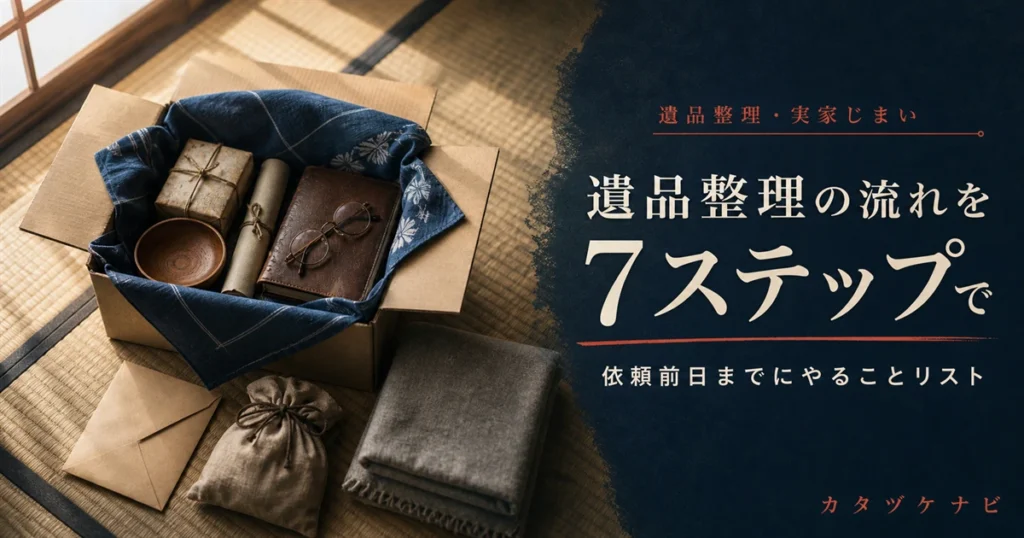 遺品整理の流れを7ステップで解説し依頼前日までにやることをまとめた記事のアイキャッチ。整理途中の和室に並んだ段ボール箱と軍手、壁際に立てかけた台車