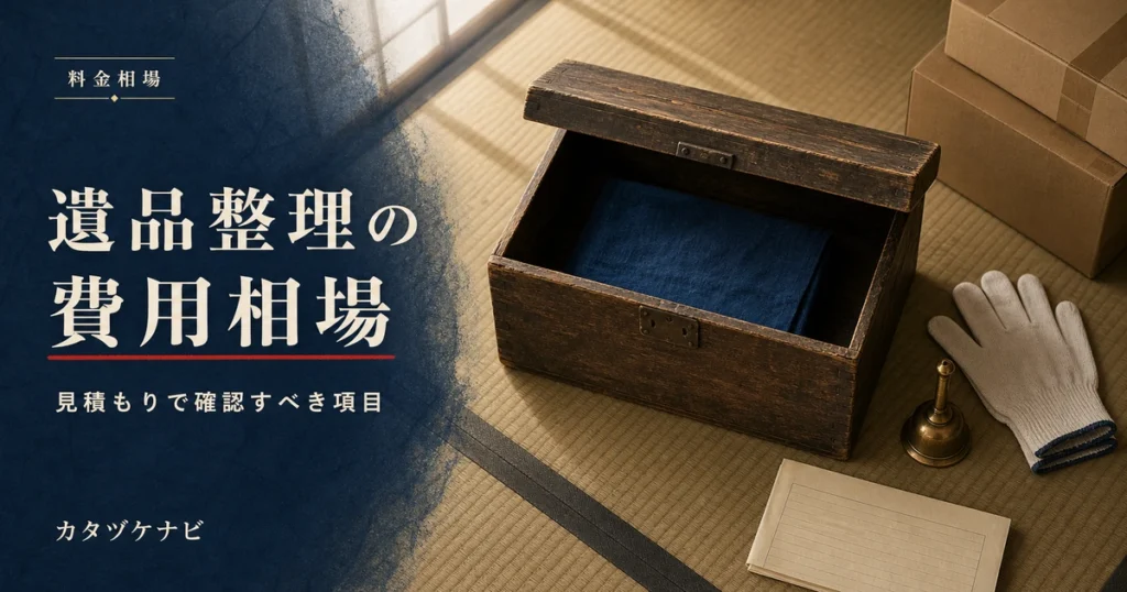 遺品整理の費用相場と見積もりで確認すべき項目を解説する記事のアイキャッチ。整理された段ボールと軍手、台車のある落ち着いた和室の片付けの情景