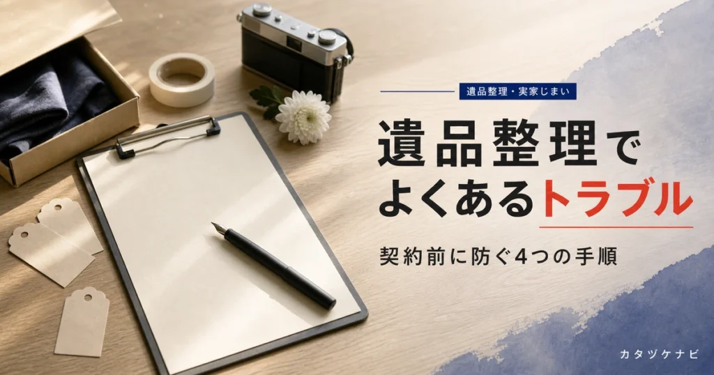 遺品整理のトラブルと契約前に防ぐ手順を解説する記事のアイキャッチ。整理された和室の畳に積まれた段ボール箱と軍手、折りたたんだ台車