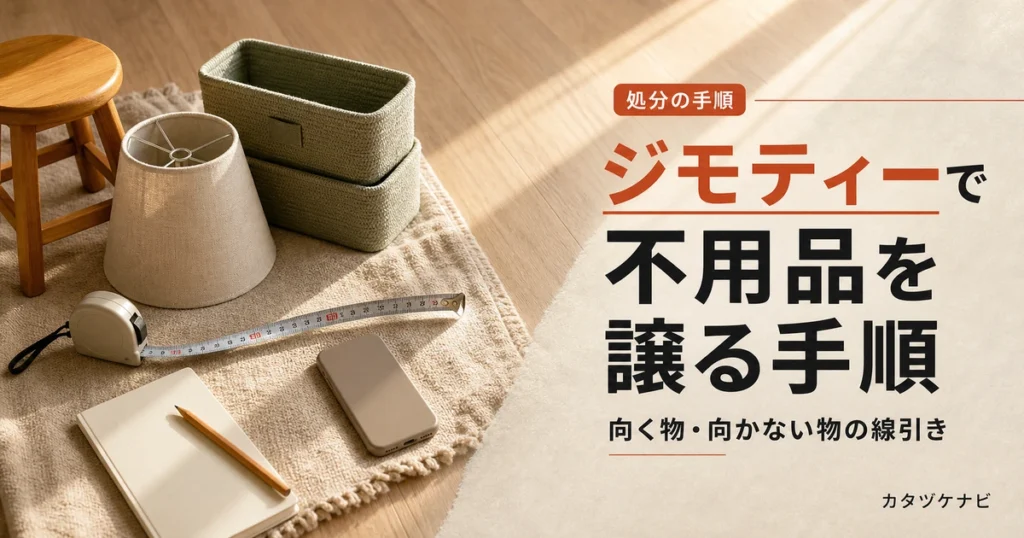 ジモティーで不用品を譲る手順と向く物・向かない物を解説する記事のアイキャッチ。片付け途中のすっきりした和室に、ラベルを貼った段ボール箱と軍手、折りたたんだ台車が並ぶ