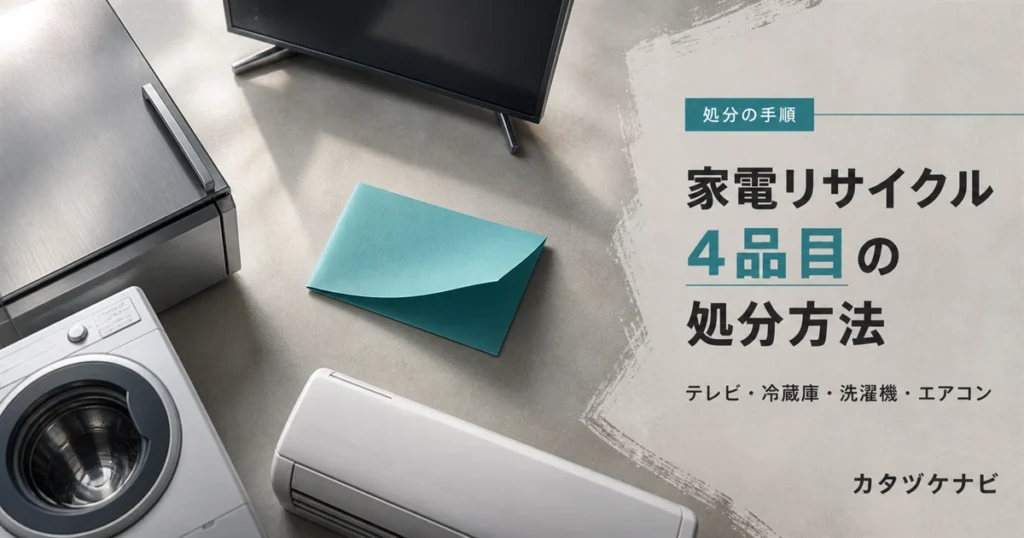 家電リサイクル法の対象4品目の処分方法を解説する記事のアイキャッチ。片付け途中のすっきりした和室に積まれた段ボール箱と軍手、折りたたんだ台車