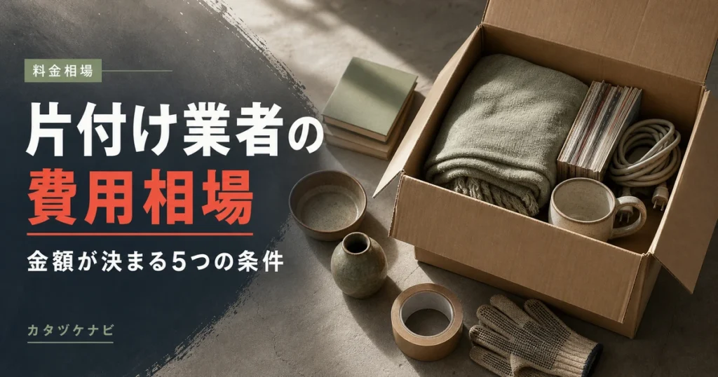 片付け業者の費用相場と金額が決まる条件を解説する記事のアイキャッチ。整理された段ボール箱と軍手、台車を置いたすっきりした和室