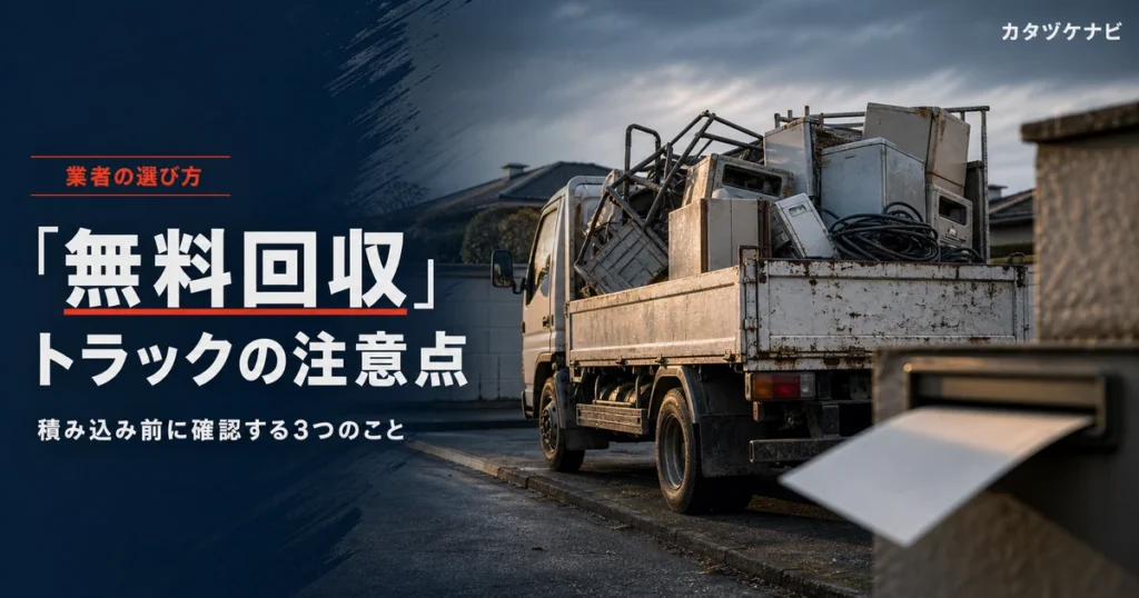 無料回収の巡回トラックとチラシの注意点を解説する記事のアイキャッチ。片付け途中のすっきりした和室に積まれた段ボール箱と軍手、折りたたんだ台車
