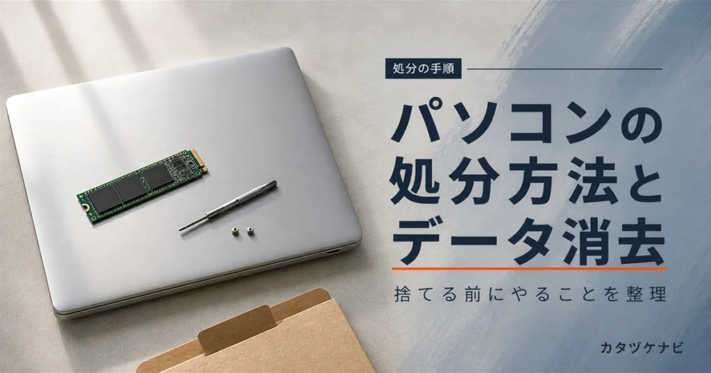 パソコンの処分方法とデータ消去を解説する記事のアイキャッチ。すっきりした和室の畳に置かれた閉じたノートパソコンと段ボール箱、軍手、折りたたんだ台車