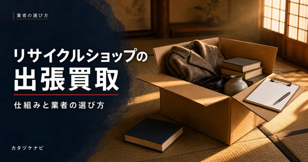 リサイクルショップの出張買取の仕組みと業者の選び方を解説する記事のアイキャッチ。整理された段ボール箱と軍手、折りたたんだ台車が置かれたすっきりした和室
