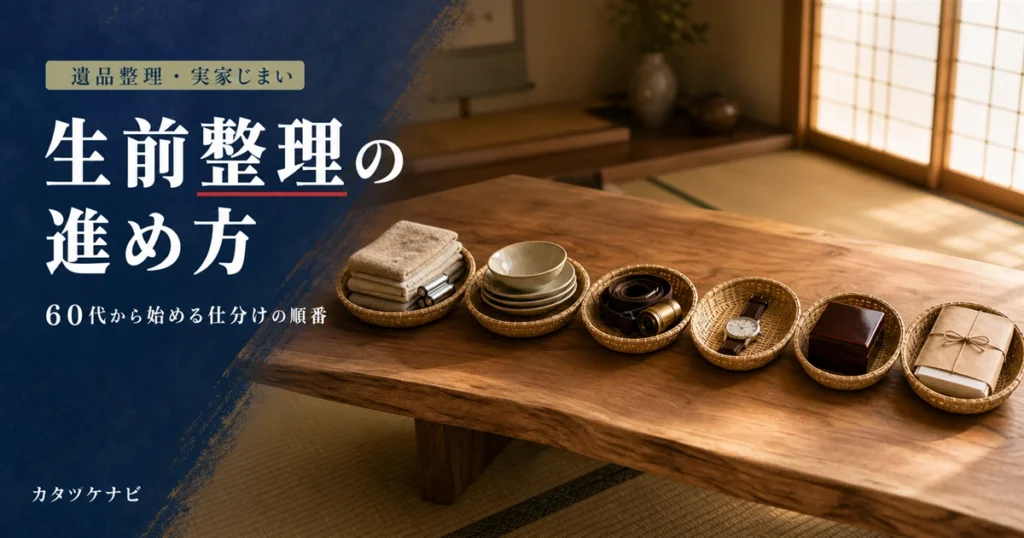 生前整理の進め方と60代から始める仕分けの順番を解説する記事のアイキャッチ。片付いた和室に整然と積まれた無地の段ボール箱と軍手、折りたたんだ台車