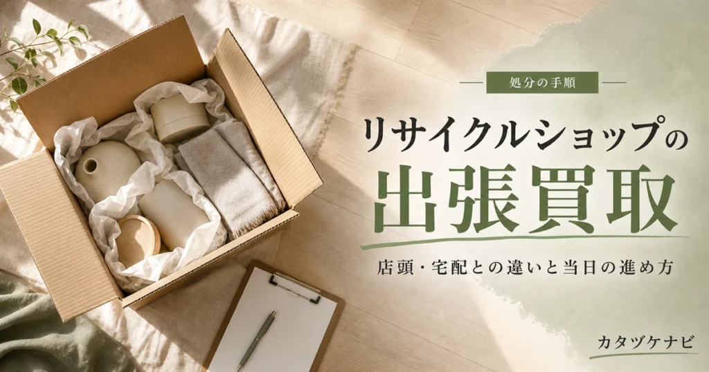 リサイクルショップの出張買取の使い方と店頭・宅配との違いを解説する記事のアイキャッチ。片付け途中の和室に積まれた段ボール箱と折りたたみ台車、たたんだ軍手