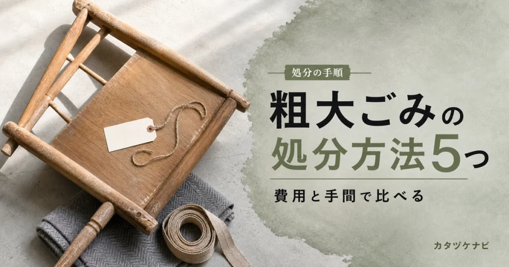 粗大ごみの処分方法を費用と手間で比較する記事のアイキャッチ。整理された段ボール箱と軍手、折りたたんだ台車が置かれたすっきりした和室